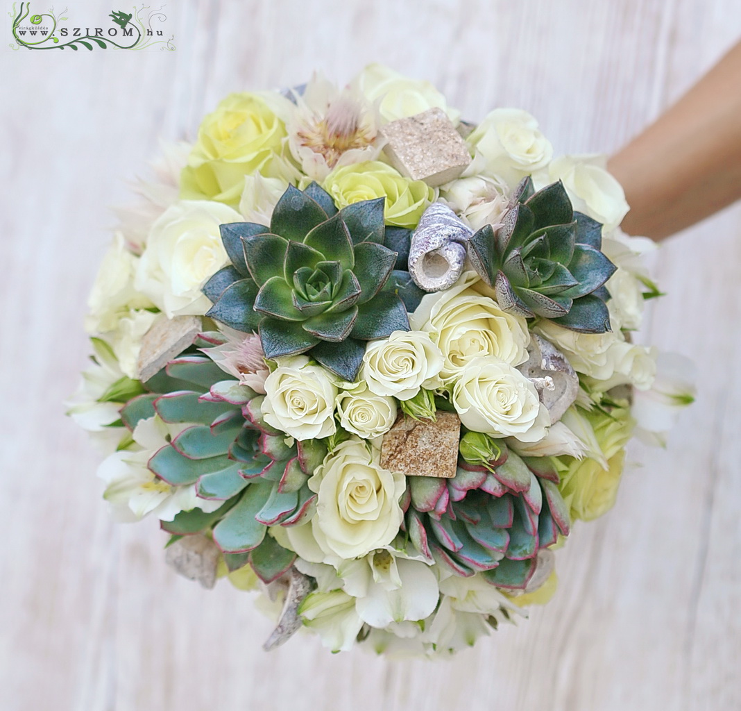 Bridal bouquet (rose, spray rose, sempervivum, alstromelia, protea, white, green)
