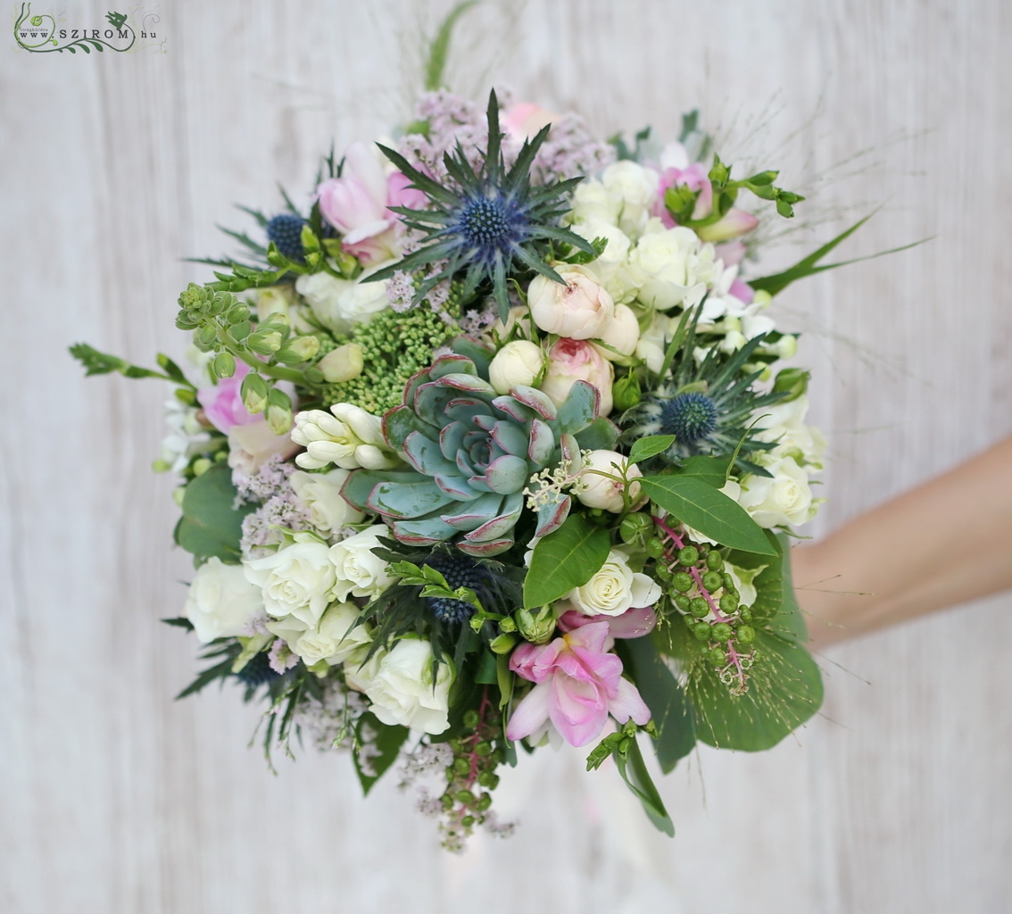 Bridal bouquet (spray rose, fresia, eryngium, echeveria, tuberose,  white, blue, pink, green)
