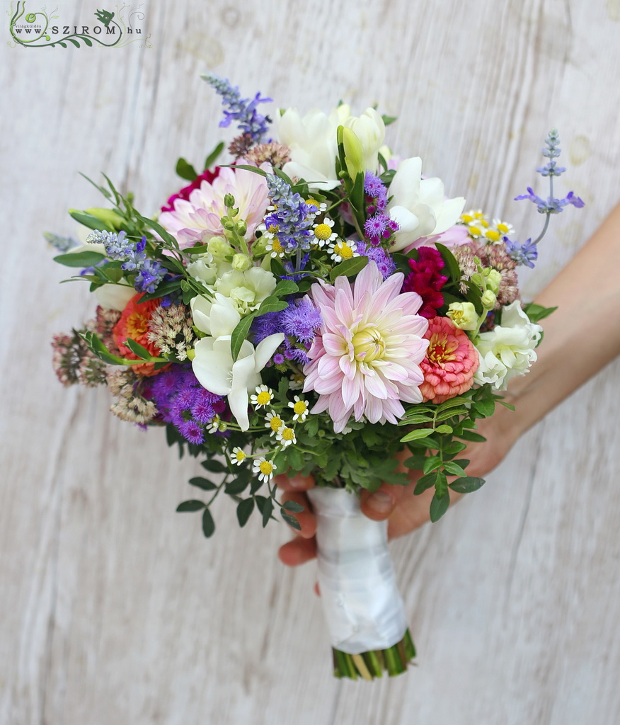 Bridal bouquet (dahlia, fresia, wild flowers, white, purple, light pink, peach) summer, autumn's begining
