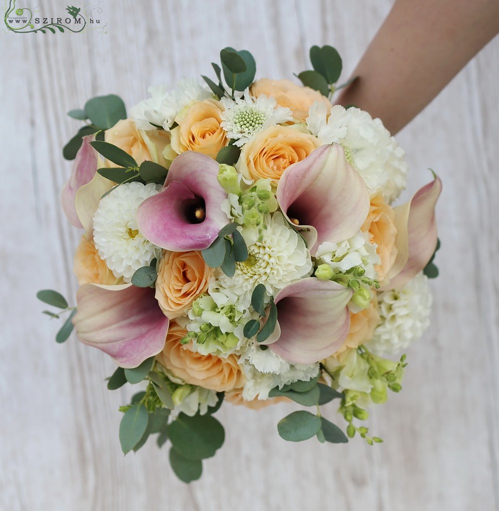 Bridal bouquet (cala, rose, dahlia, peach, white, light pink)