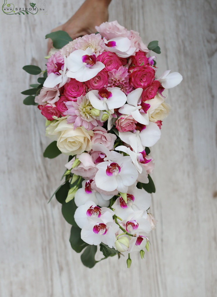 Drop shape bridal bouquet (phalaenopsis orchid, rose, spray rose, lisianthus, dahlia, white, pink, light pink)