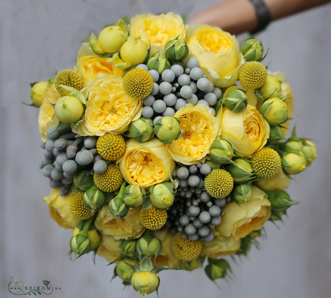 Bridal bouquet (english rose, craspedia, brunia, yellow, grey)