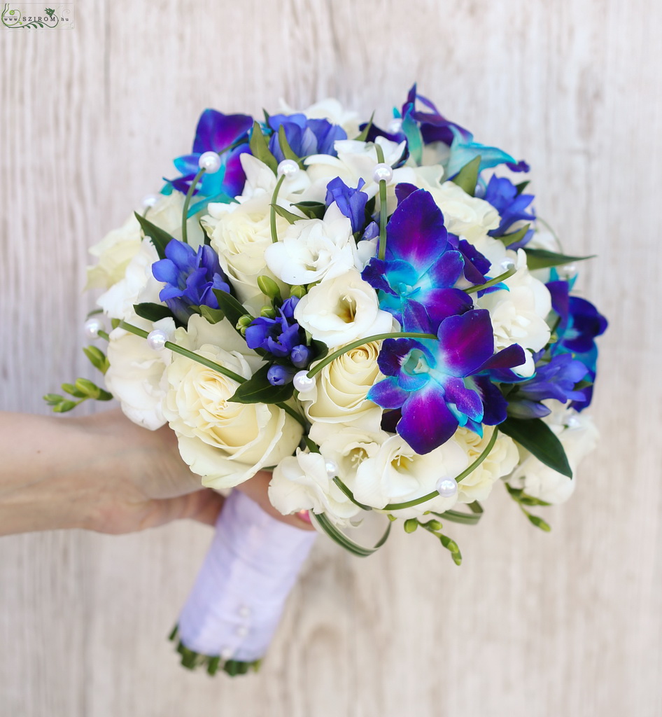 Bridal bouquet (rose, freesia, dendrobium, gentian, white, blue)