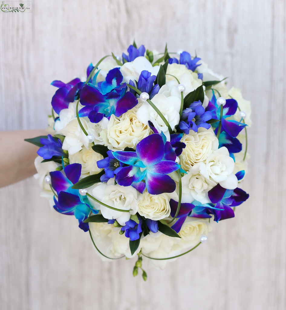 Bridal bouquet (rose, dendrobium, gentian, freesia, white, blue)