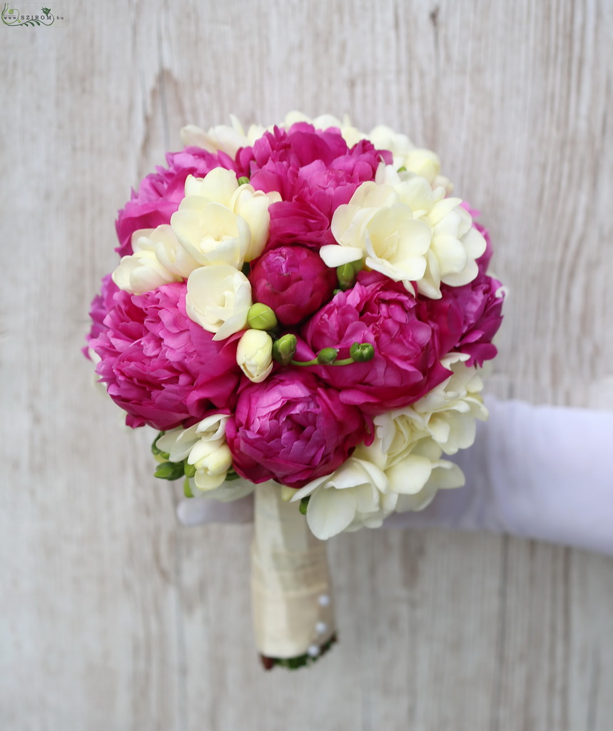 bridal bouquet (freesia, Paeonia, white, pink)