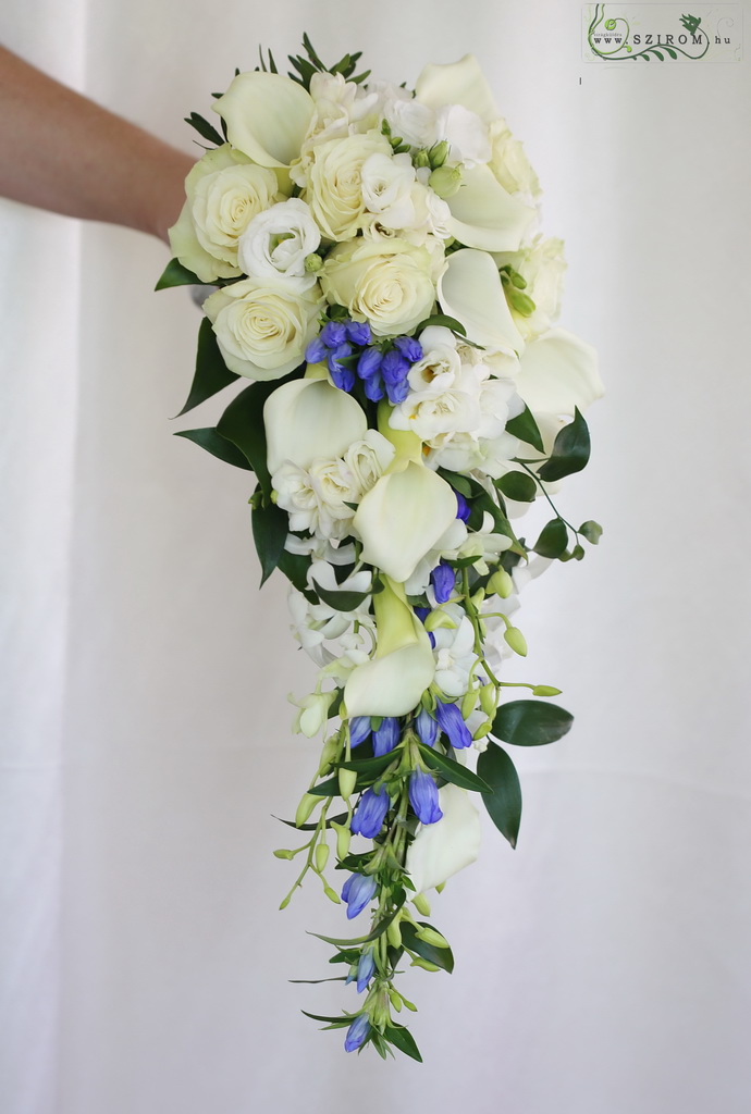 Csepp alakú menyasszonyi csokor (rózsa, liziantusz, kála, encián, frézia, dendrobium, fehér, kék)