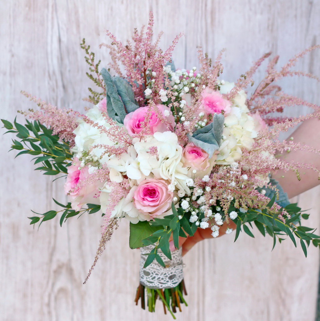 Bridal bouquet (rose, hydrangea, astible, baby breath, pink, white)