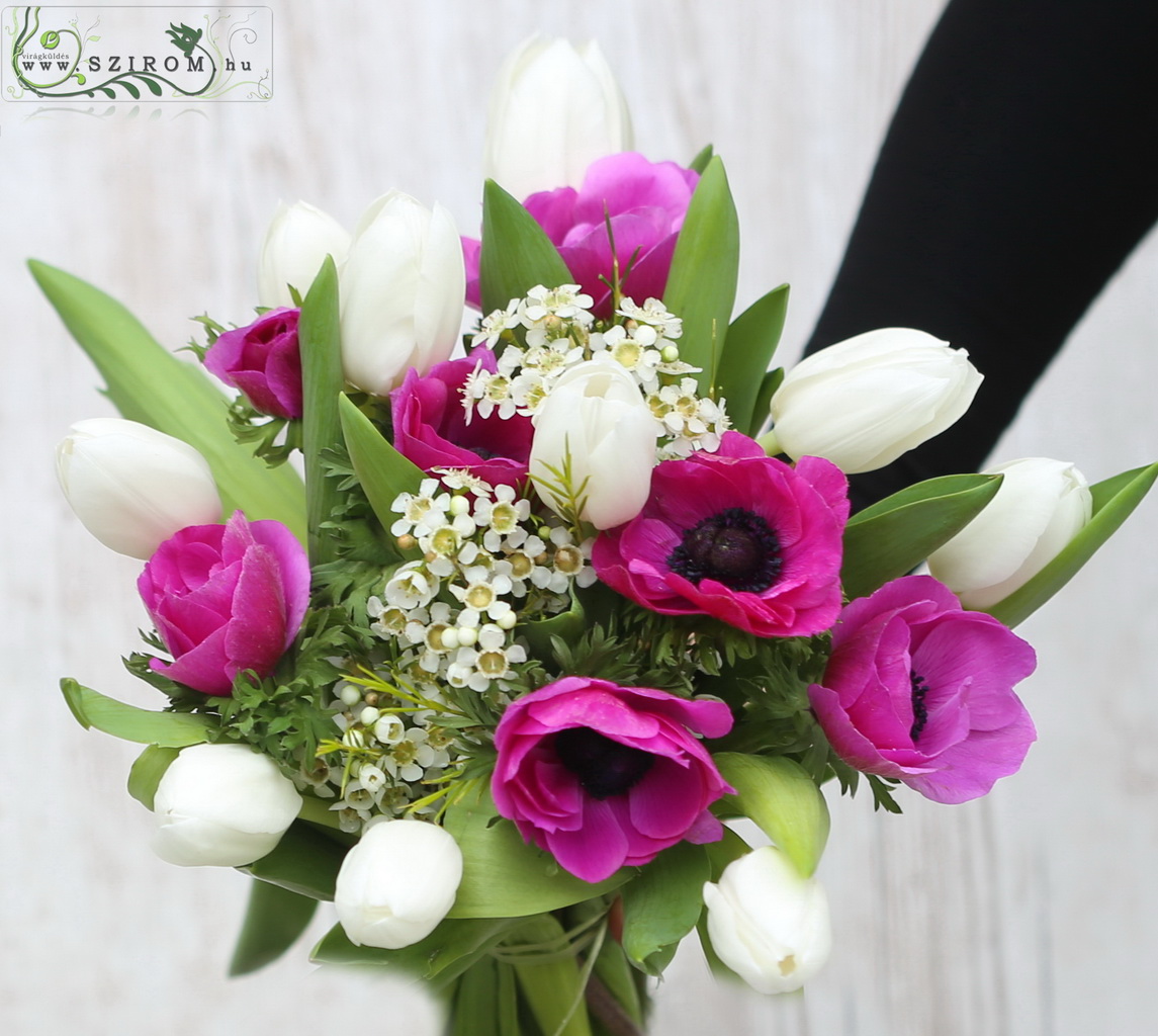 Bridal bouquet (tulips, anemone, wax, white, pink)