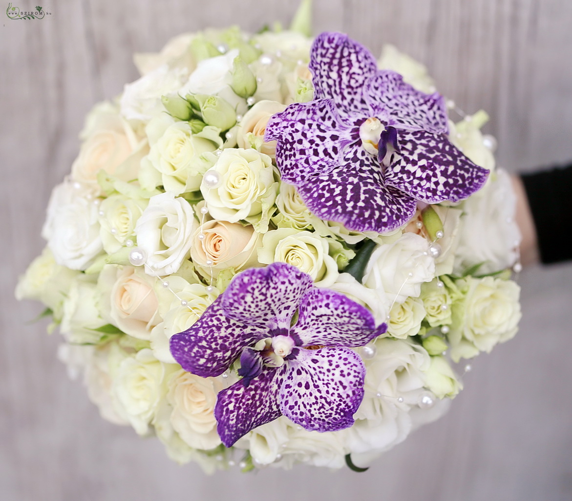 Bridal bouquet (rose, spray rose, lisianthus, orchid, white, creme, purple)