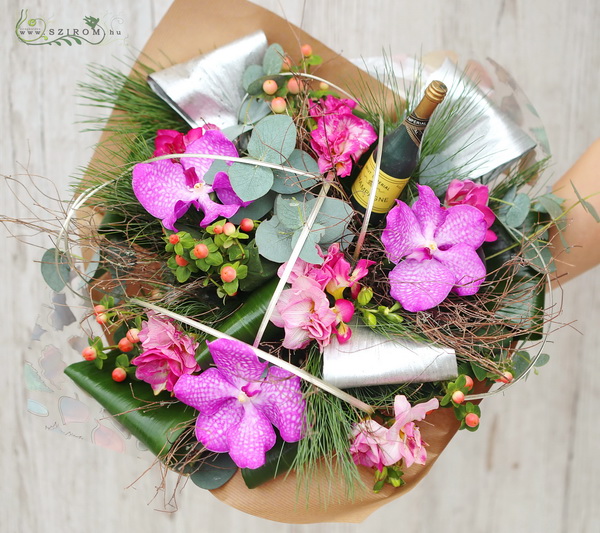 flower delivery Budapest - Round bouquet with pink vanda orchids and freesias