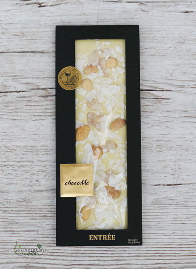 flower delivery Budapest - chocoMe handmade white chocolate with almonds, candied jasmine petals, coconut chips (110g)