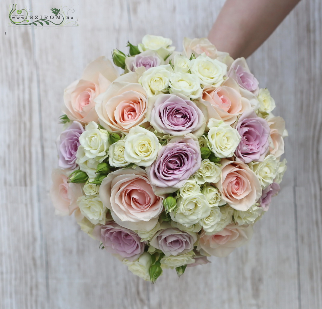 bridal bouquet (rose, spray rose, pastel, purple, pink)