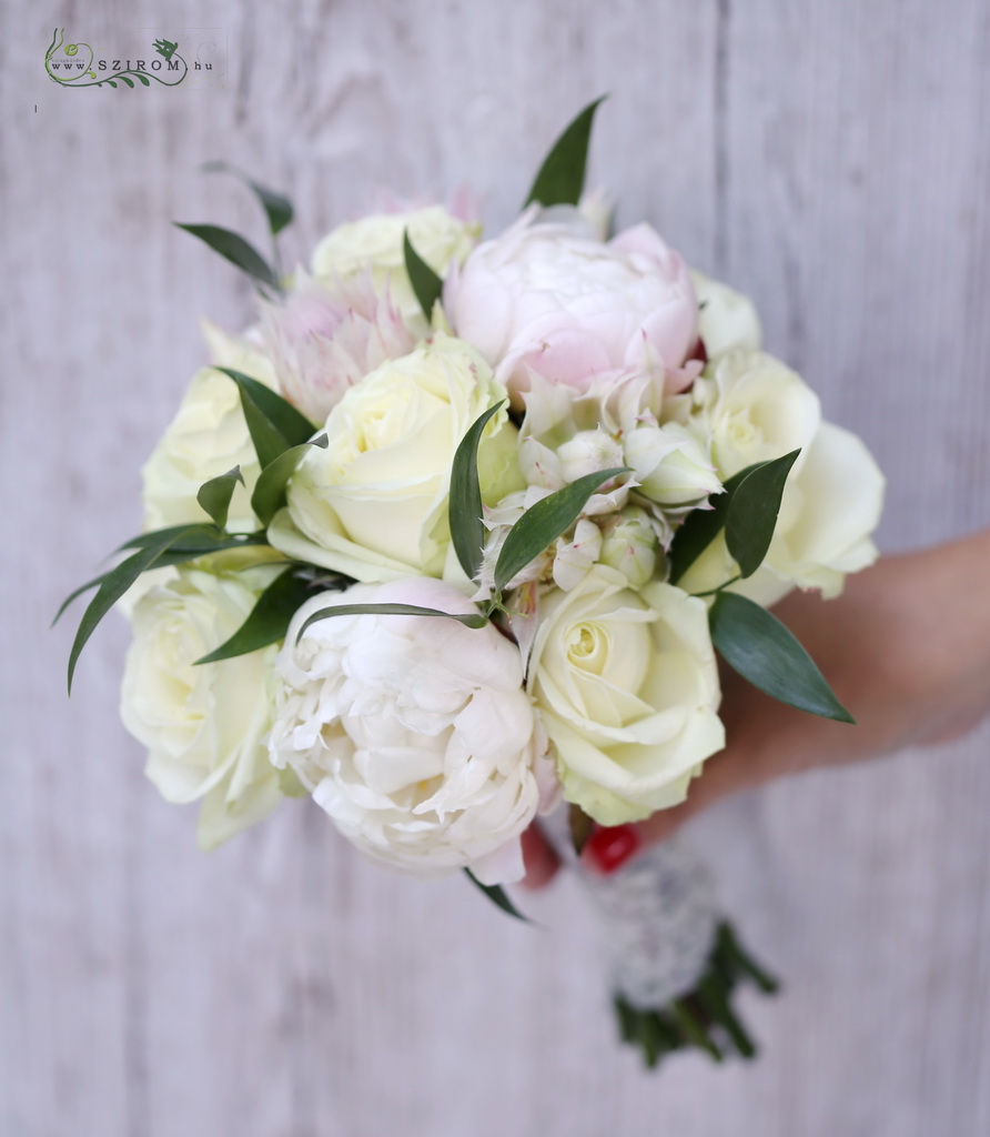 bridal bouquet (rose, peony, protea, white)