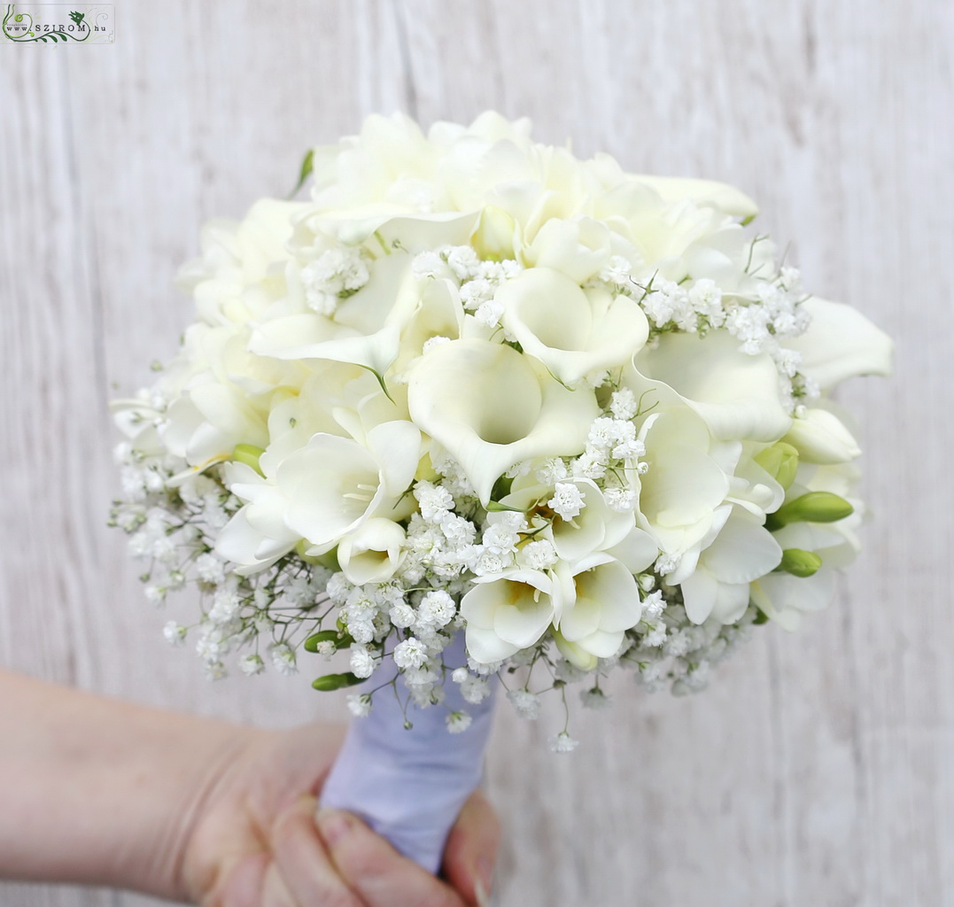 bridal bouquet (cala, freesia, baby's breathe, white)