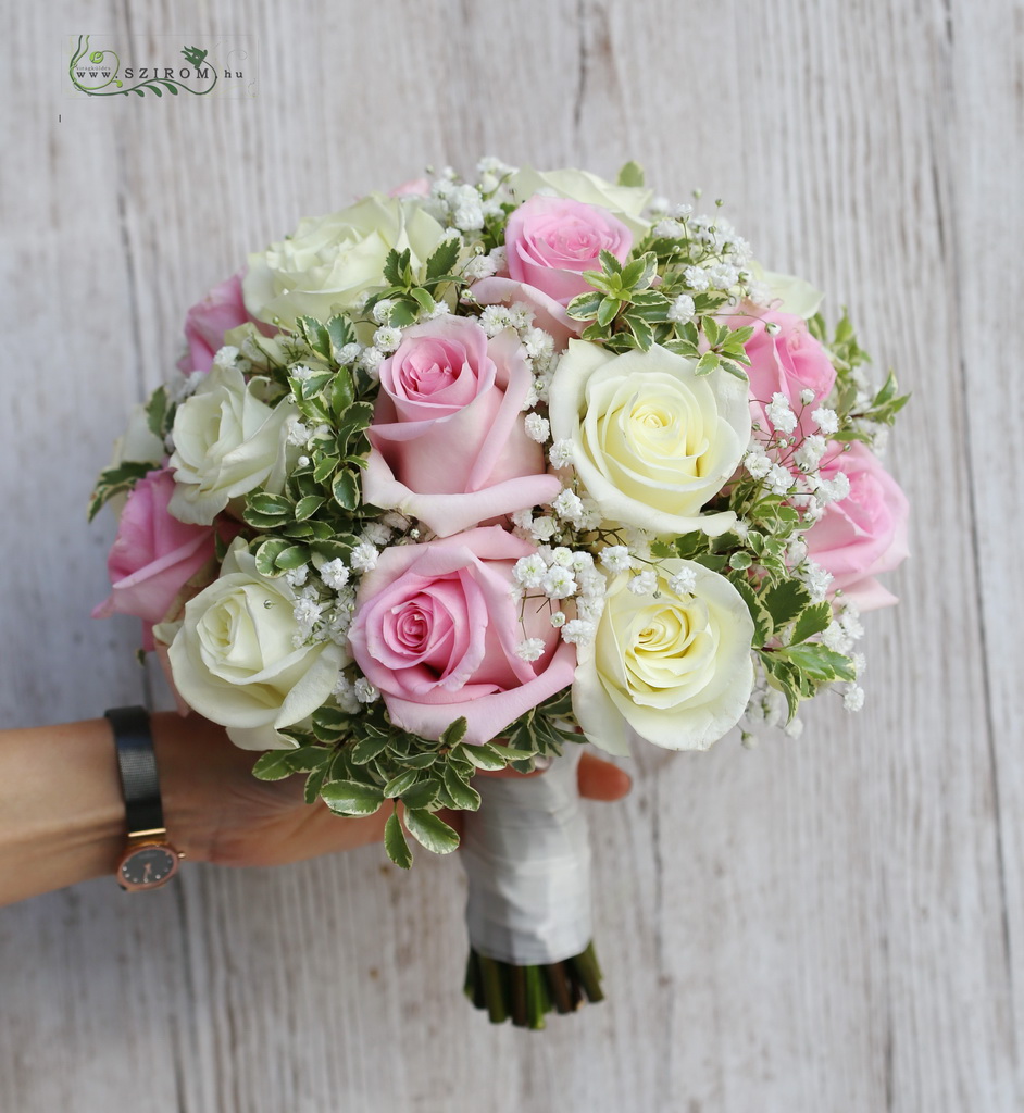 menyasszonyi csokor (rózsa, rezgő, fehér, rózsaszín)