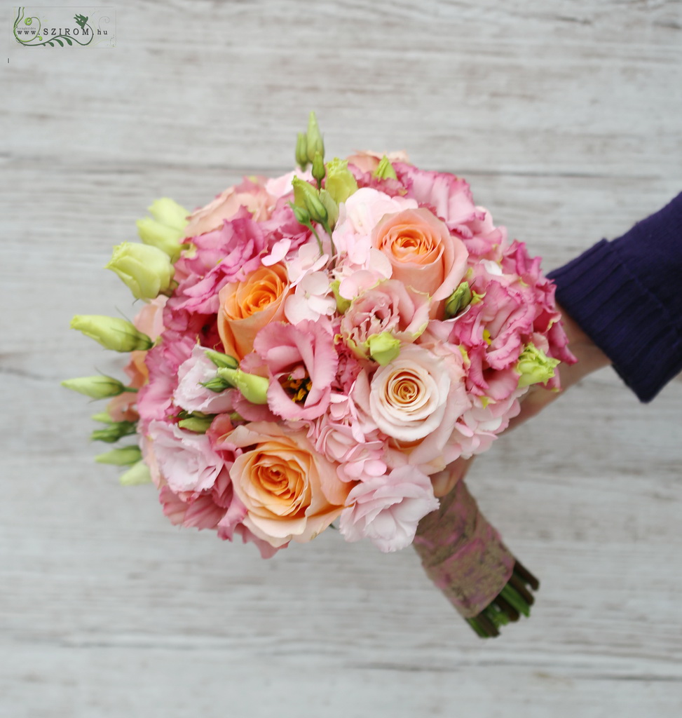 bridal bouquet (rose, lisianthus, hydrangea, pink, peach)