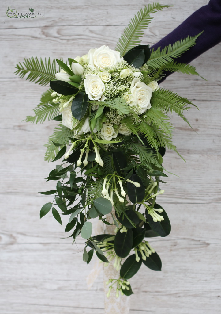 drop shape bridal bouquet (rose, spray rose, stephanotis, white)