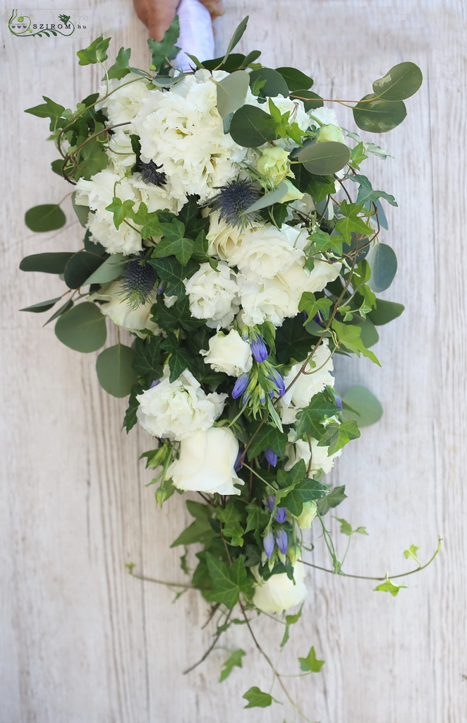 drop shape bridal bouquet (rose, gentian, lisianthus, white, blue)