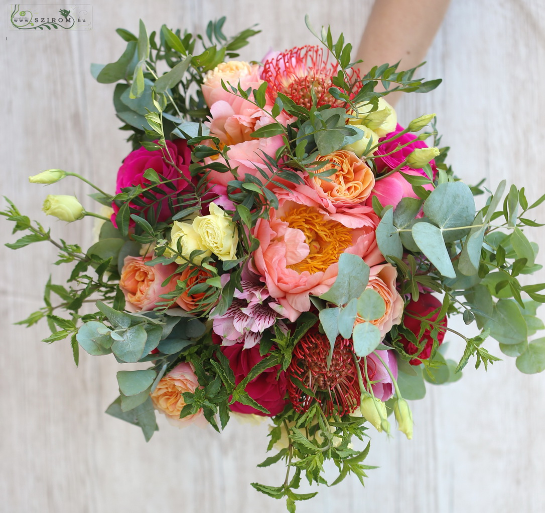 bridal bouquet (peony, rose, protes, orange, peach)