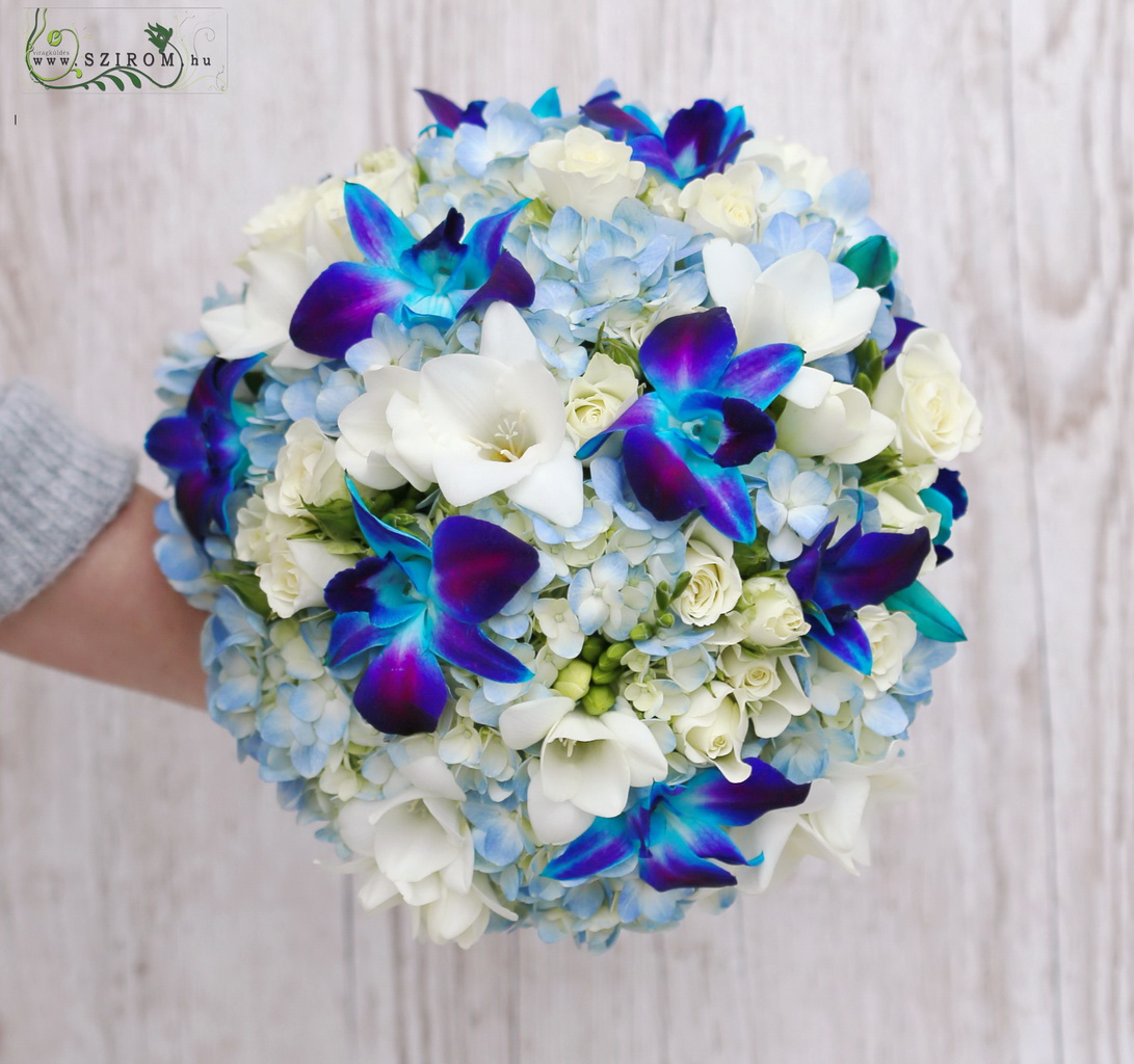 bridal bouquet (hydrangea, freesia, dendrobium, blue)