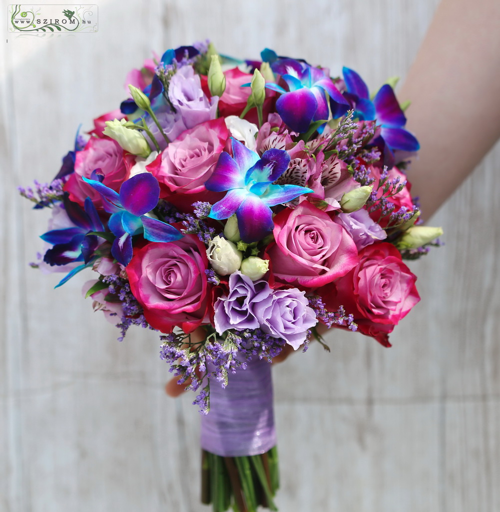 menyasszonyi csokor (dendrobium orchidea, rózsa, liziantusz, lila, kék)