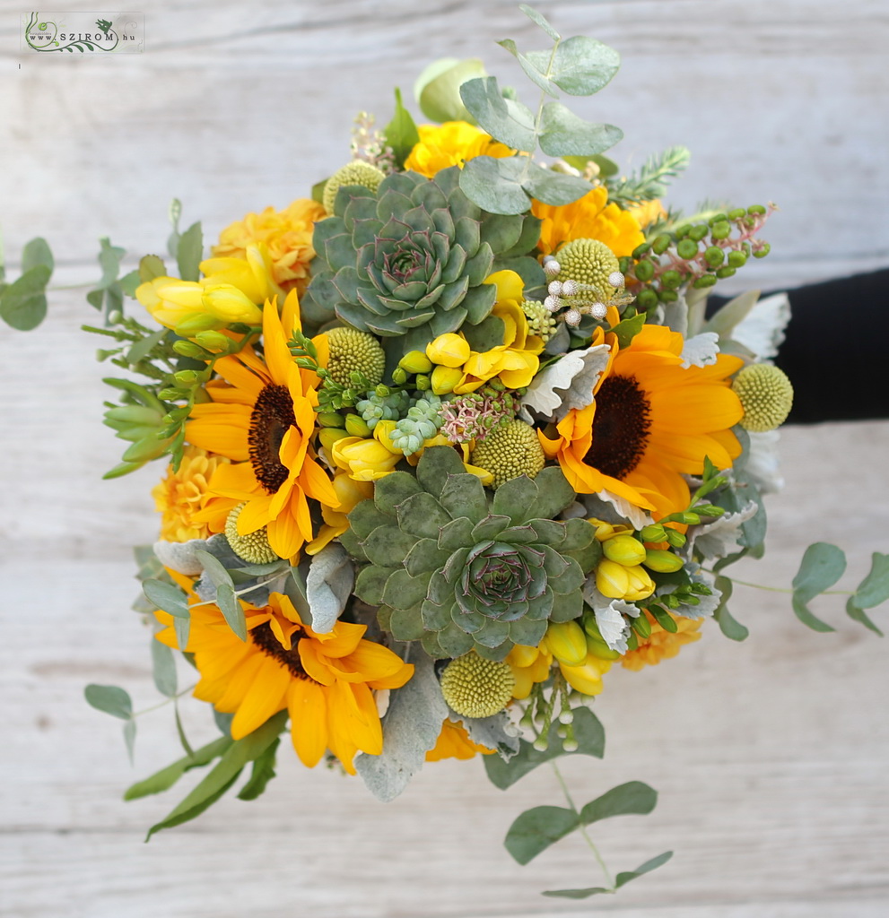 bridal bouquet (sunflower, freesia, sempervivum, garden flowers, wild flowers, yellow)