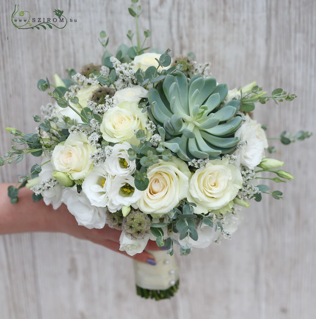 bridal bouquet (rose, lisianthus, sempervivum, white)