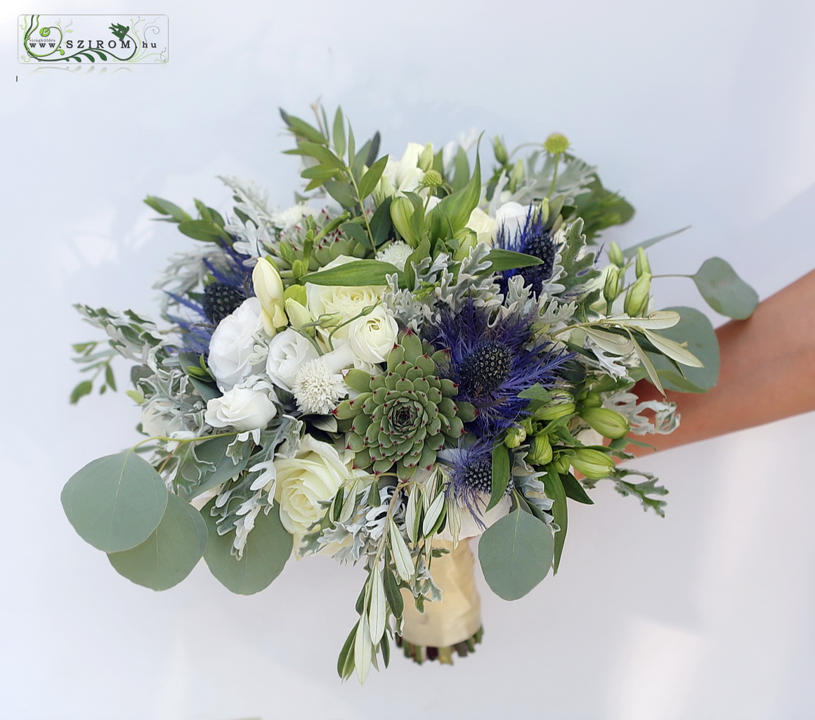 bridal bouquet (lisianthus, sempervivum, spray rose, eryngium, blue, white)