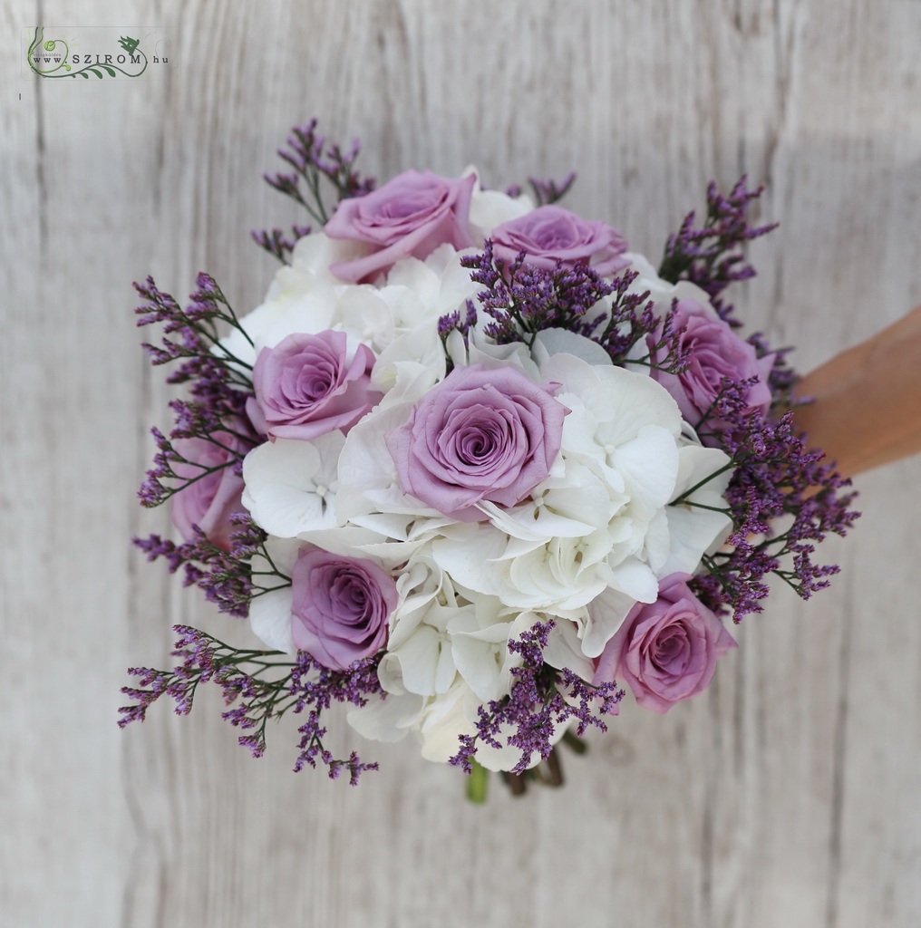 bridal bouquet (hydrangea, rose, statice, white, purple)