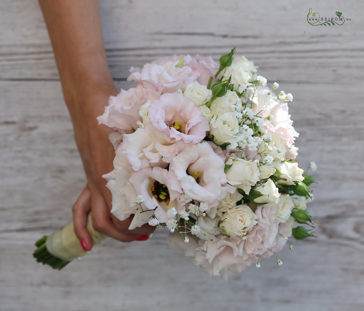 bridal bouquet (lisianthus, spray rose, pink, creme, pastel)