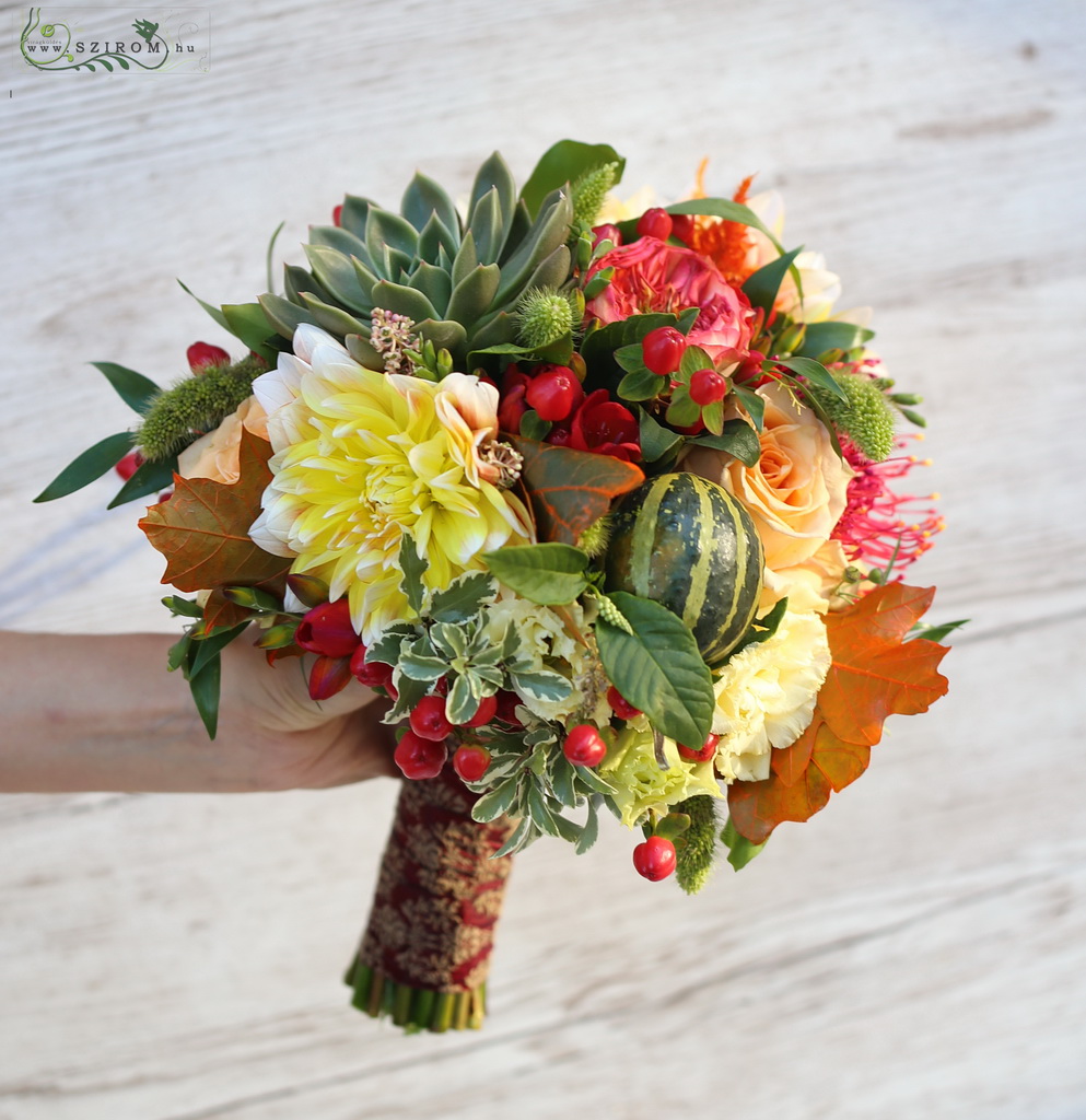 autumn bridal bouquet (dahlia, sempervivum, hypericum, yellow, orange, mixed)