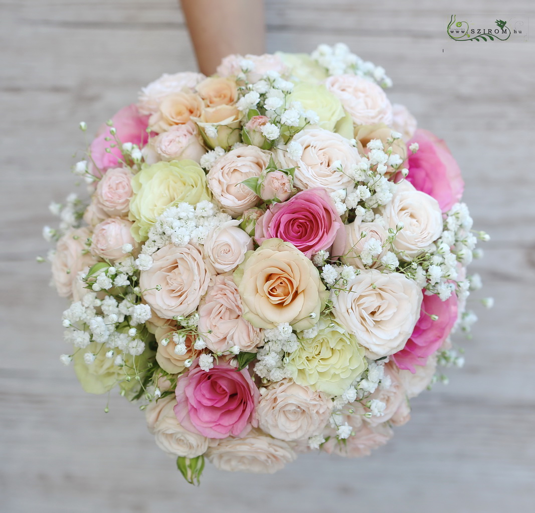 bridal bouquet (rose, english rose, baby's breathe, pastel, pink)