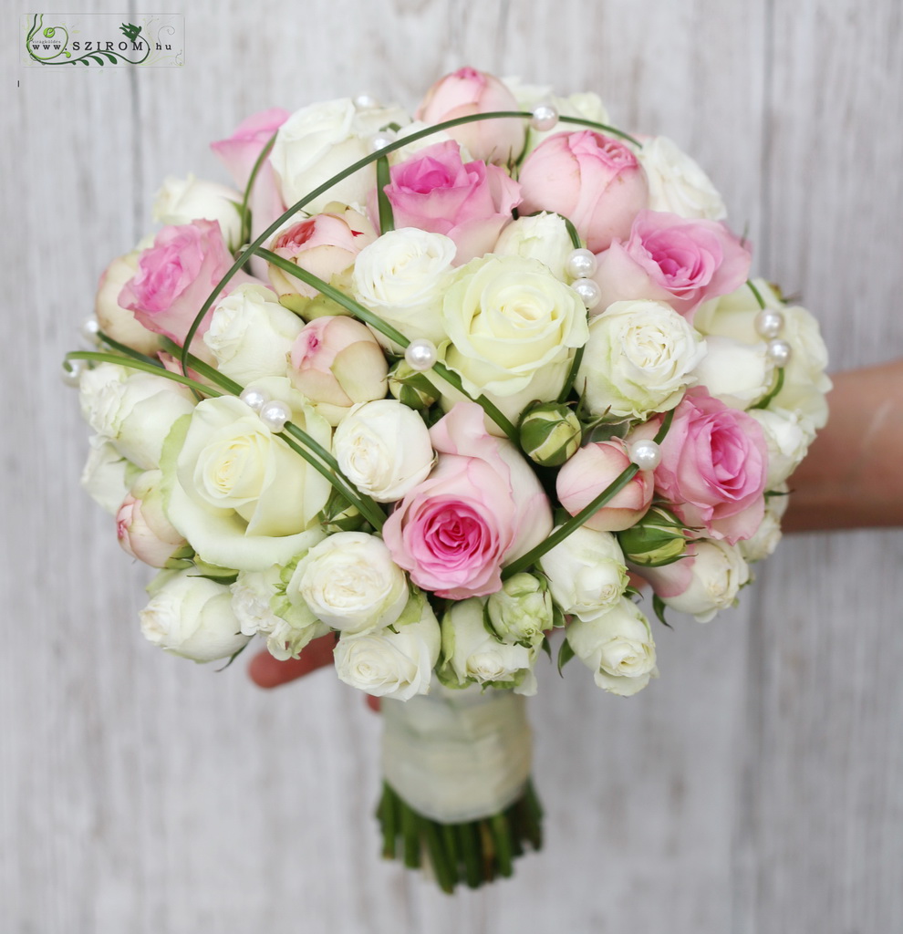 bridal bouquet (rose, spray rose, white, pink)