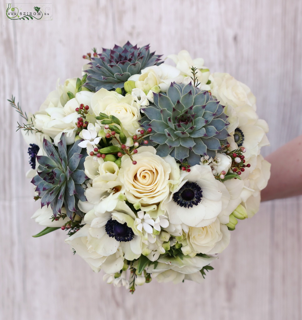 bridal bouquet (sempervivum, rose, anemone, white, green)