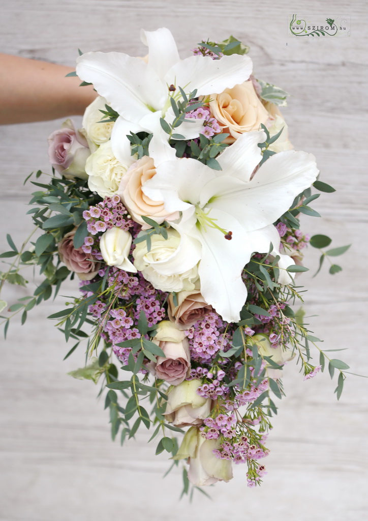drop shape bridal bouquet (lilium, rose, wax, pastel, creme, purple)