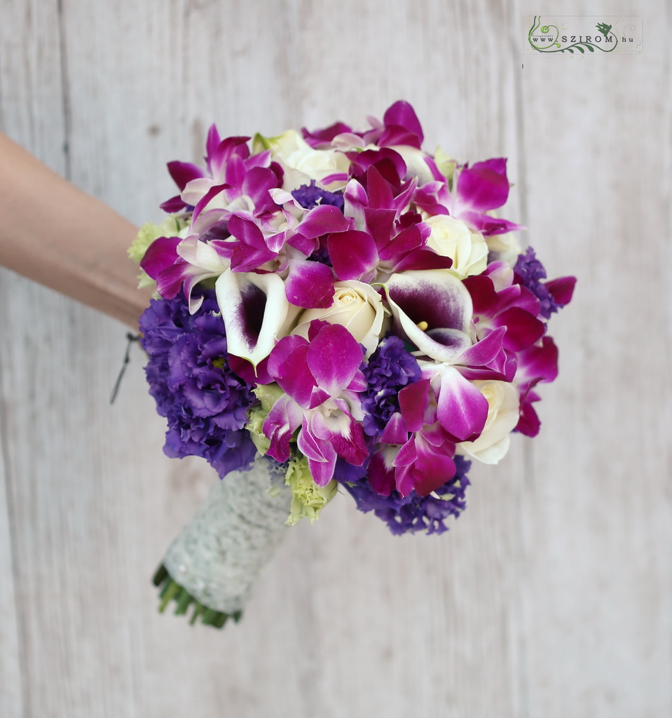 bridal bouquet (cala, dendrobium orchid, lisianthus, purple, pink)