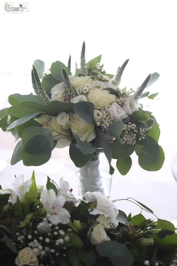 bridal bouquet (lisianthus, rose, wax, veronica, white)