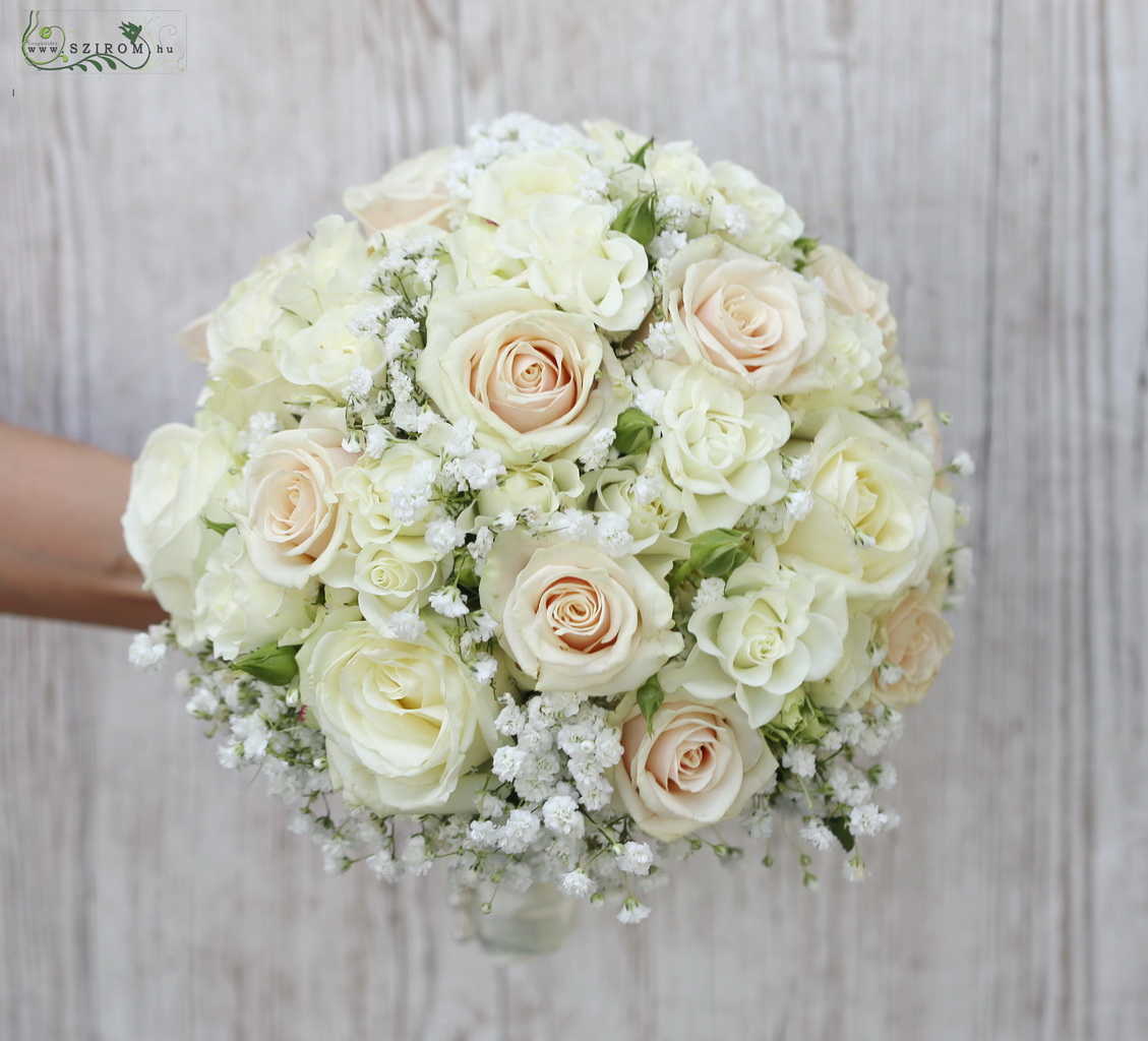 bridal bouquet (rose, spray roses, baby's breathe, white, pastell, pink)