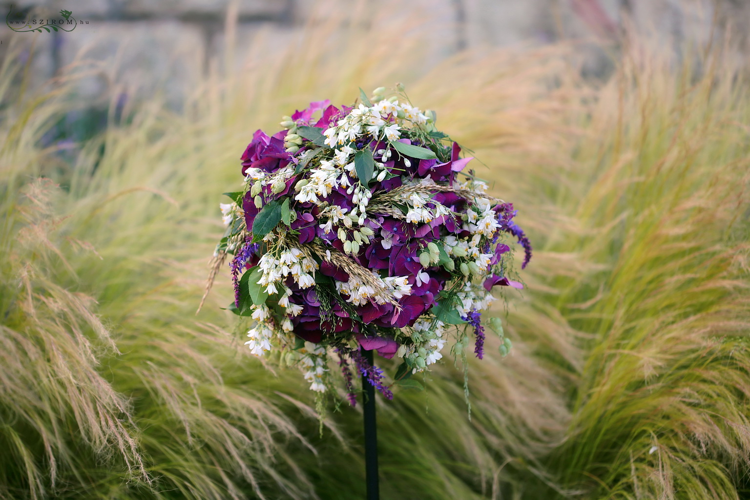 bridal bouquet (hydrangea, small flowers, wild flowers, purple, white)