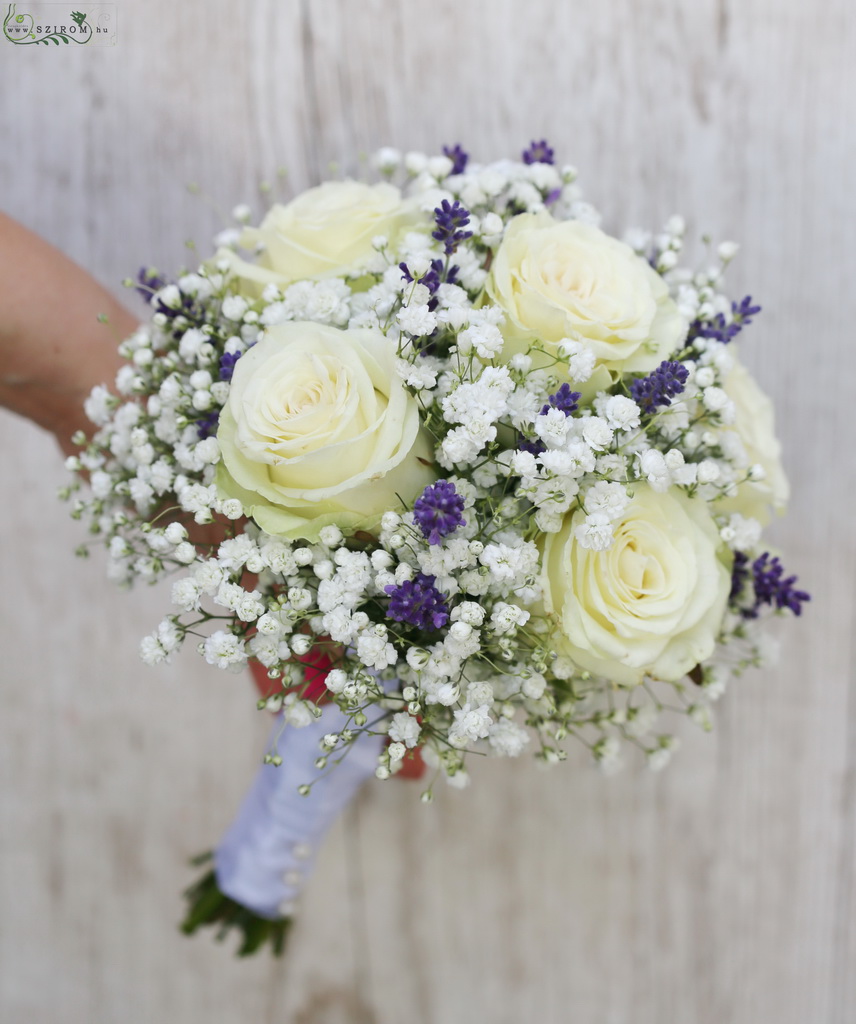 bridal bouquet (rose, lavandel, baby's breathe, white, purple)