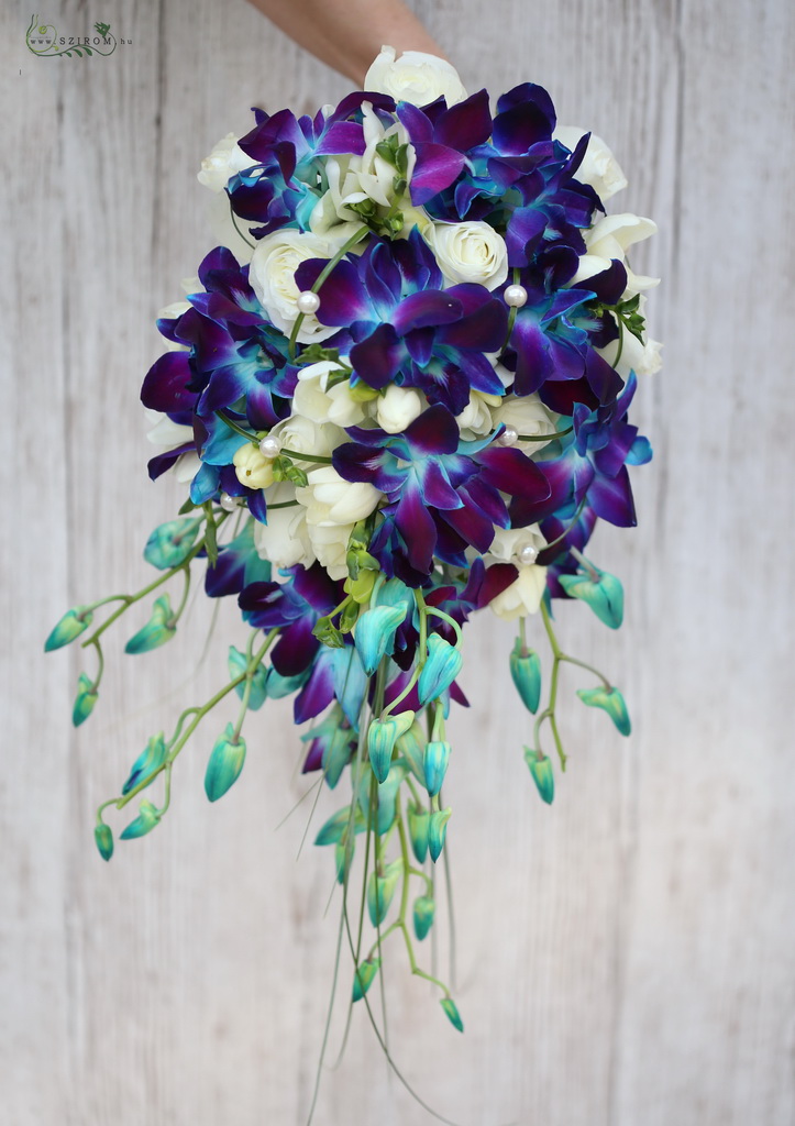 drop shape bridal bouquet (dendrobium, ranunculus, blue, white)