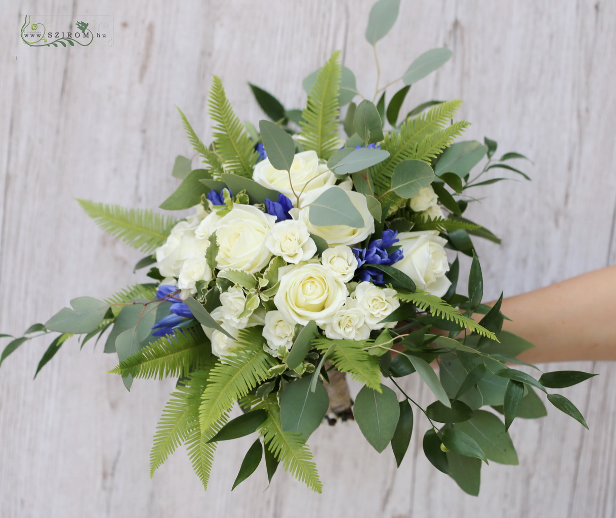 bridal bouquet (rose, spray rose, gentian, white, blue)