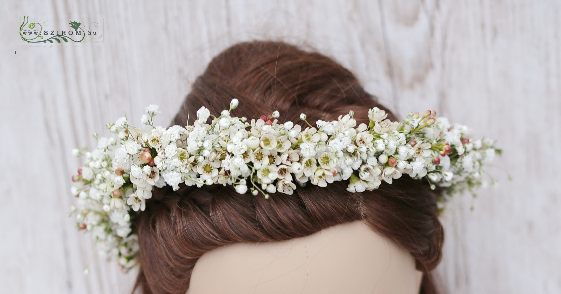 flower delivery Budapest - hair wreath made of white wax and baby's breathe