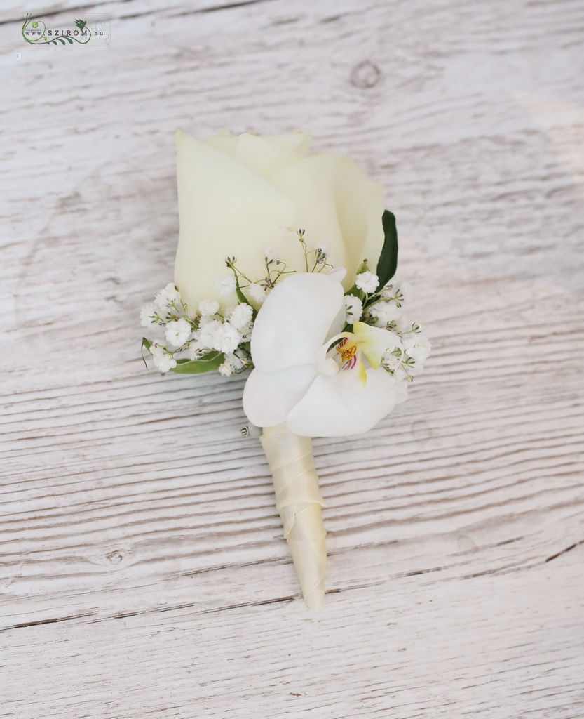 vőlegénykitűző (rózsa, rezgő, Phalaenopsis orchidea, fehér)
