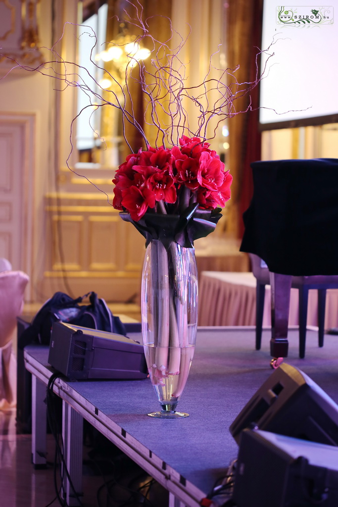 flower delivery Budapest - High stage centerpiece in glass vase (amarilis, twisted hazelnut branch, red)