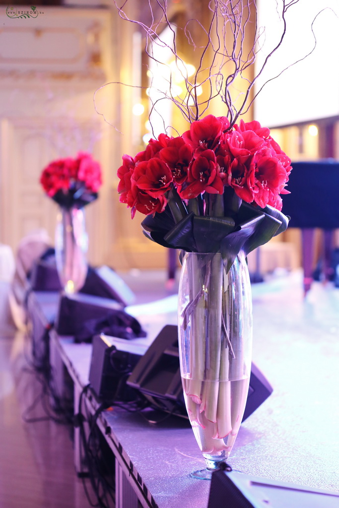 flower delivery Budapest - 2 pc High stage centerpiece in glass vase (amarilis, twisted hazelnut branch, red)