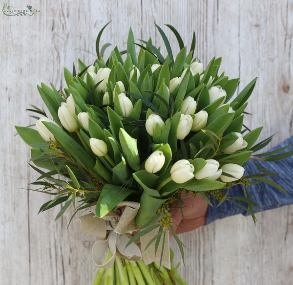 flower delivery Budapest - 50 stem white tulips in bouquet