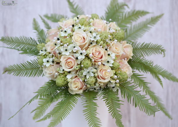 flower delivery Budapest - Bouquet with pearls (rose, ornithogallum, fern, cream, white)