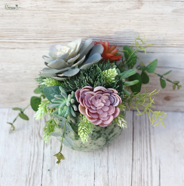 flower delivery Budapest - Modern silk flower table decoration in ceramics with succulents