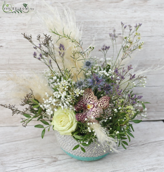 flower delivery Budapest - Flower arrangement with small flowers, roses, orchid, pampas grass